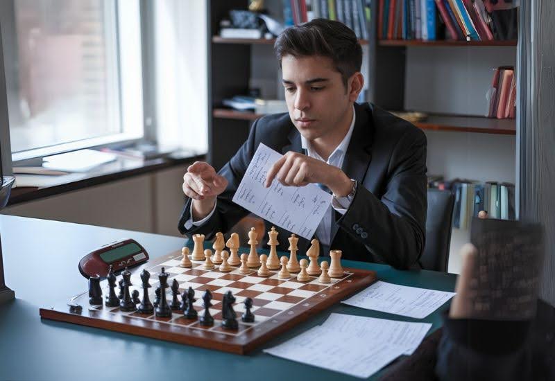 grandmaster putting on chess pieces on a chess board